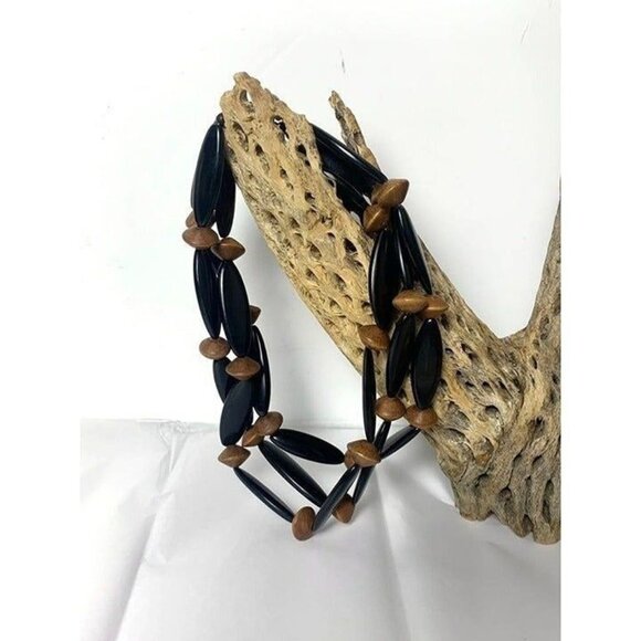 Vintage Modernist 3 Strand Wood & Lucite Choker with Sterling Silver Slide Clasp - Picture 1 of 5